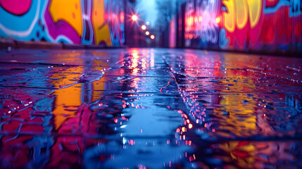 Obraz premium Neon Lights Reflecting on Wet Pavement in City Alleyway - Photography