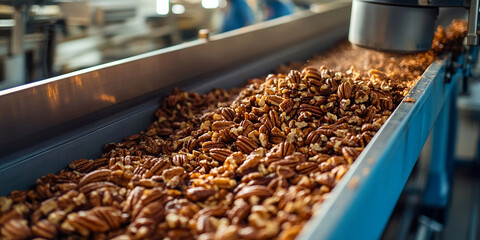 Obraz premium Pecan nuts, industrial production and processing,
