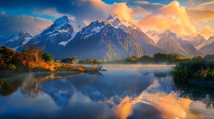 Majestic Mountain Range Reflected in a Still Lake at Sunset
