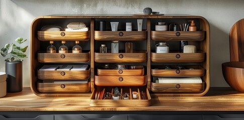 Obraz premium Overhead view of modern folder organizer against white background, showcasing precise organization with labeled tabs and sections. Design reflects balance of functionality and minimalistic elegance