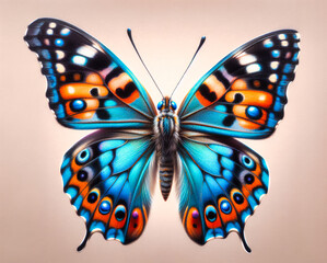 color pencil drawing, of an butterfly, blur and orange wings , simple plain background