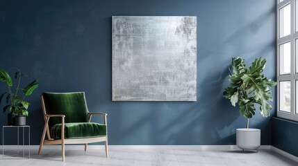 Armchair in green, hanging silver painting on blue wall in living room with plants
