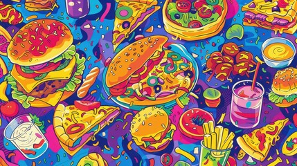 Lavish feast of colorful fast foods spread across a lively and playful backdrop