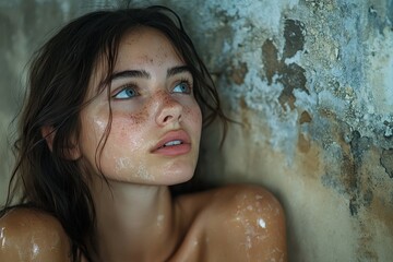 Young woman inspecting mold on a wall in her home, realistic photography style, depicting concern about household maintenance and health

