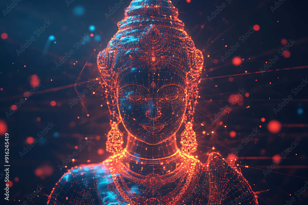 Poster a digital wireframe polygon illustration of maa durga, showcasing the goddess with intricate lines a