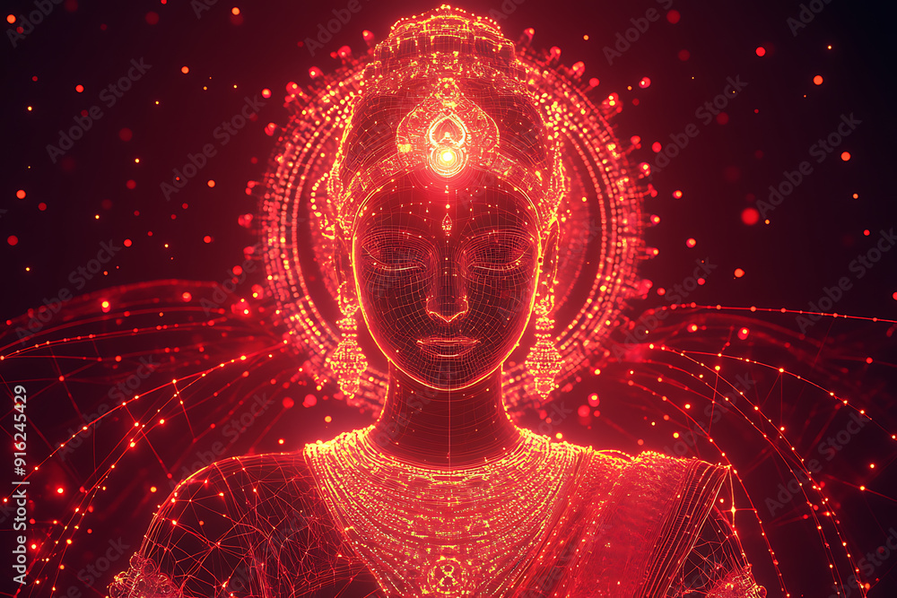 Poster a digital wireframe polygon illustration of maa durga, showcasing the goddess with intricate lines a