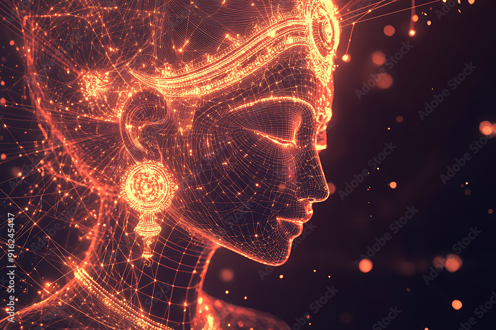 Poster a digital wireframe polygon illustration of maa durga, showcasing the goddess with intricate lines a