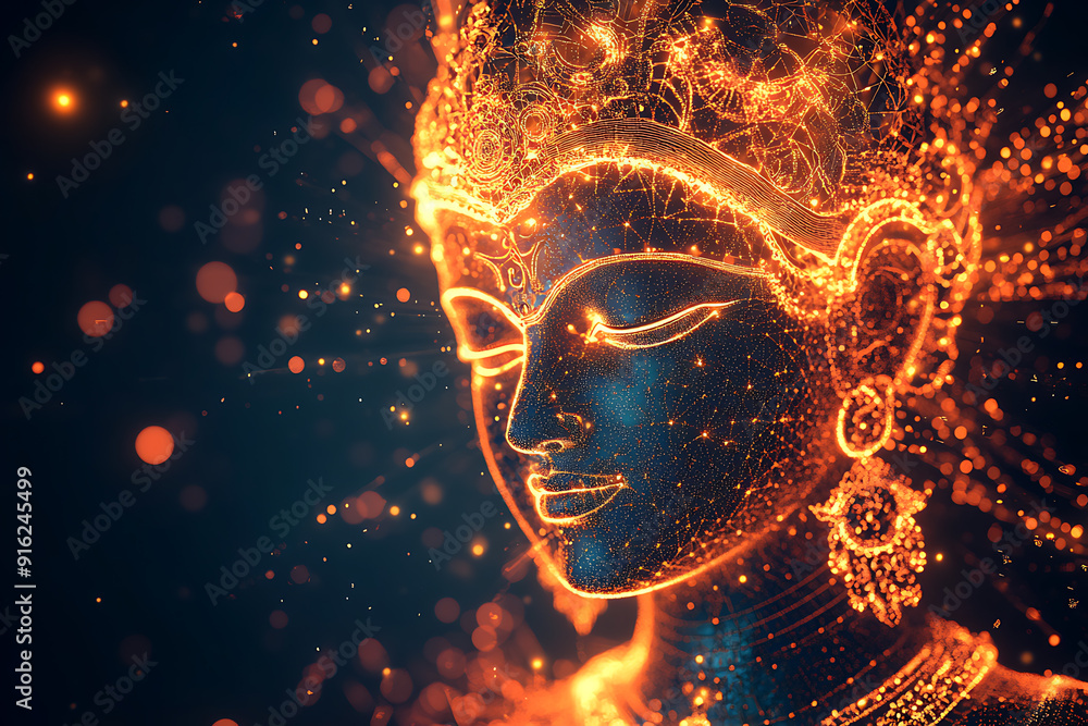 Poster a digital wireframe polygon illustration of maa durga, showcasing the goddess with intricate lines a