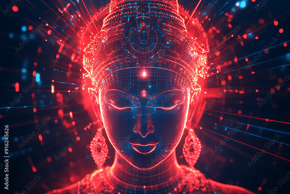 Poster a digital wireframe polygon illustration of maa durga, showcasing the goddess with intricate lines a