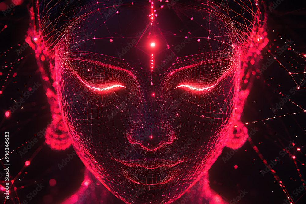Poster a digital wireframe polygon illustration of maa durga, showcasing the goddess with intricate lines a