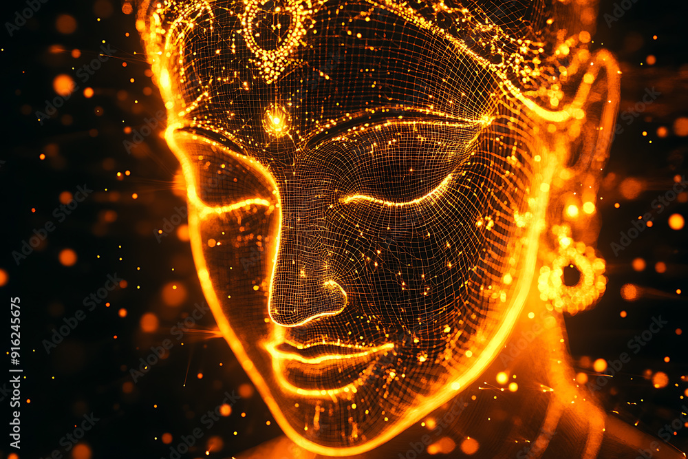 Poster a digital wireframe polygon illustration of maa durga, showcasing the goddess with intricate lines a