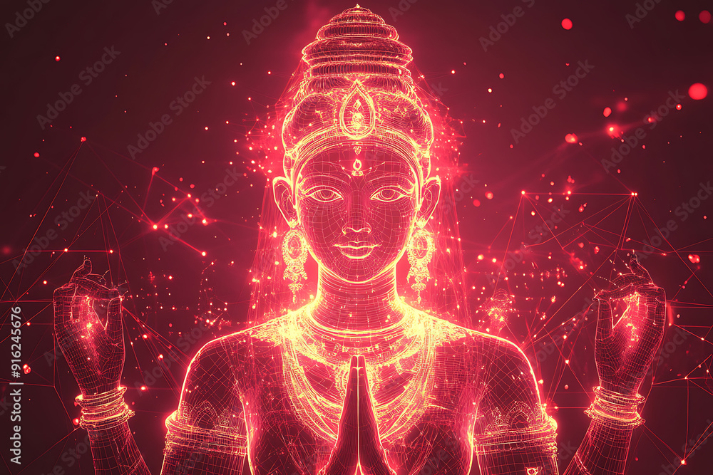 Poster a digital wireframe polygon illustration of maa durga, showcasing the goddess with intricate lines a