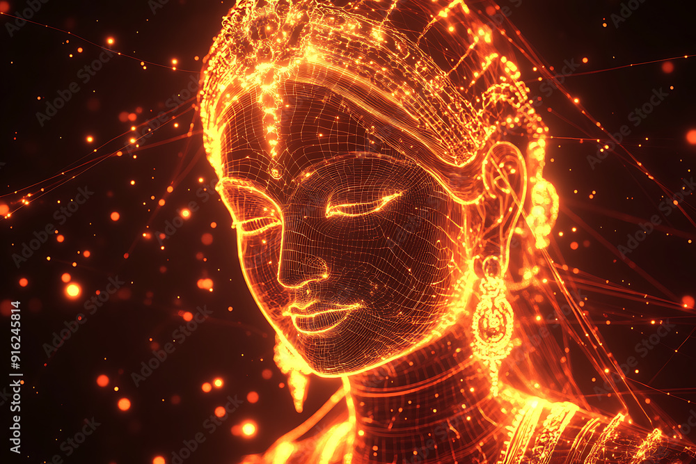 Poster a digital wireframe polygon illustration of maa durga, showcasing the goddess with intricate lines a