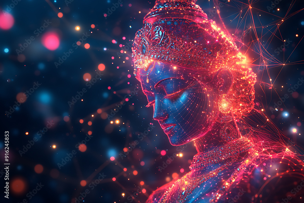 Poster a digital wireframe polygon illustration of maa durga, showcasing the goddess with intricate lines a