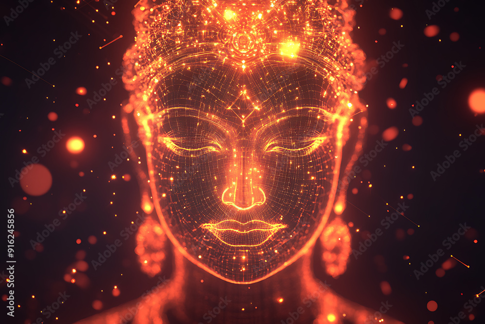 Poster a digital wireframe polygon illustration of maa durga, showcasing the goddess with intricate lines a