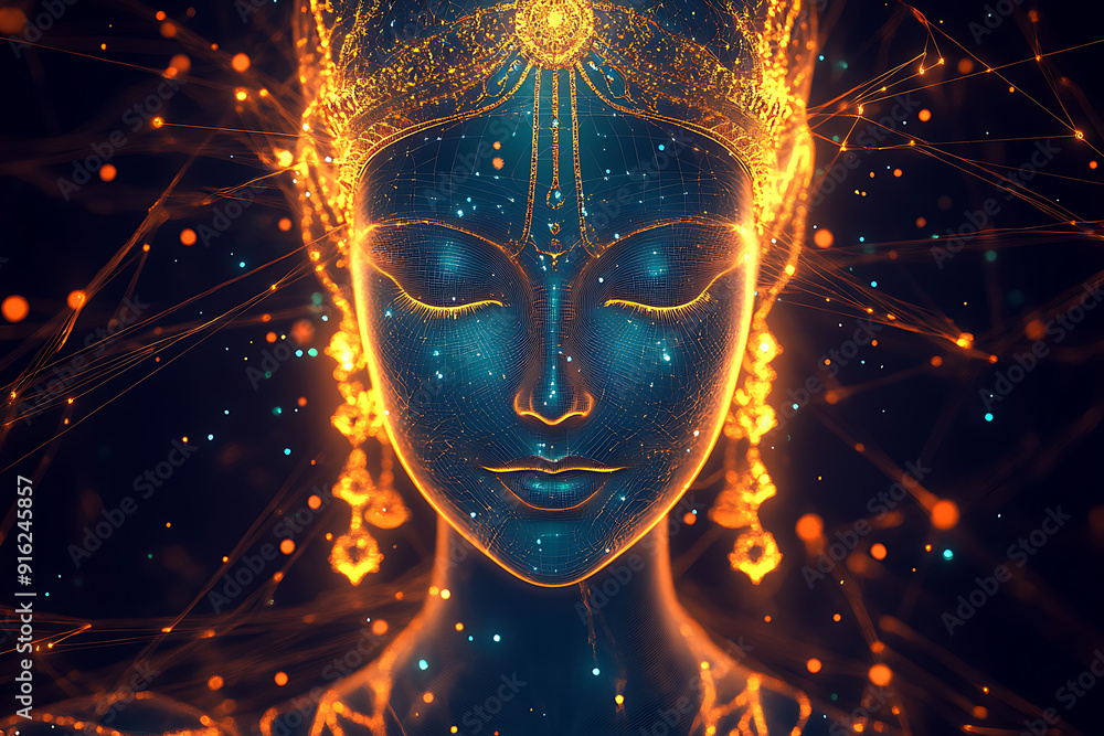 Poster a digital wireframe polygon illustration of maa durga, showcasing the goddess with intricate lines a