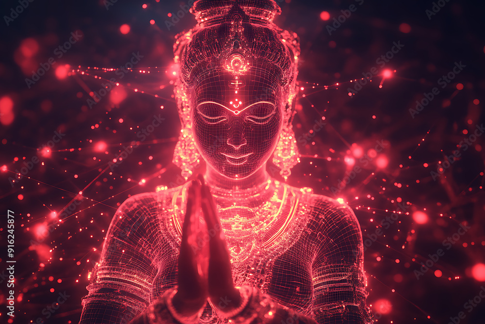 Poster a digital wireframe polygon illustration of maa durga, showcasing the goddess with intricate lines a