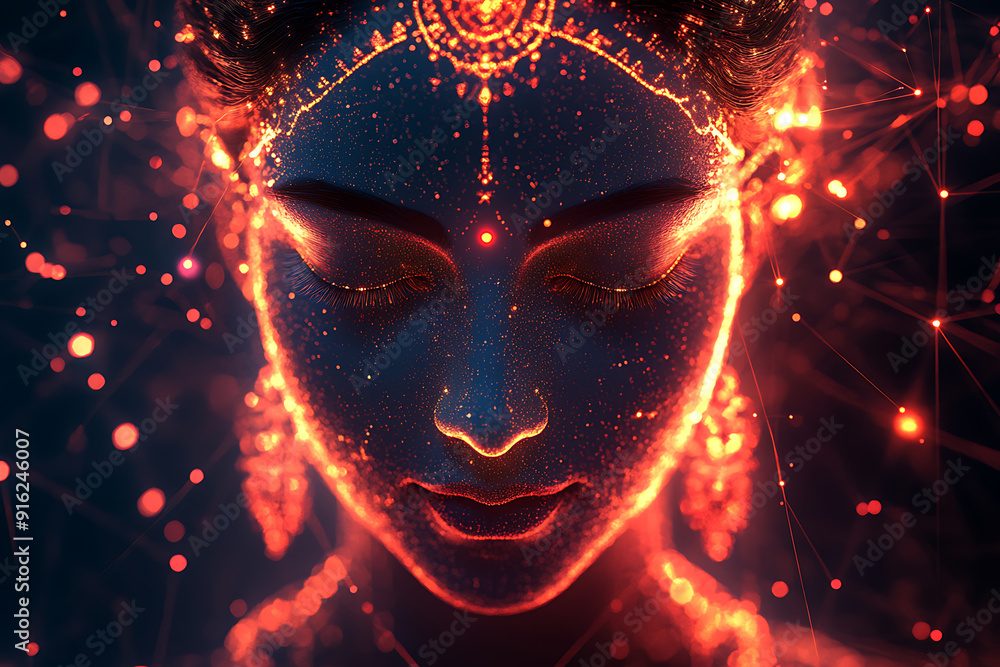Poster a digital wireframe polygon illustration of maa durga, showcasing the goddess with intricate lines a