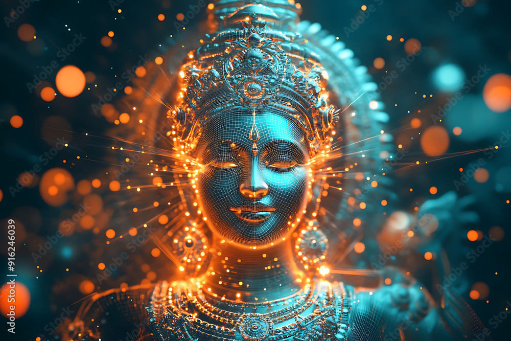 Poster a digital wireframe polygon illustration of maa durga, showcasing the goddess with intricate lines a