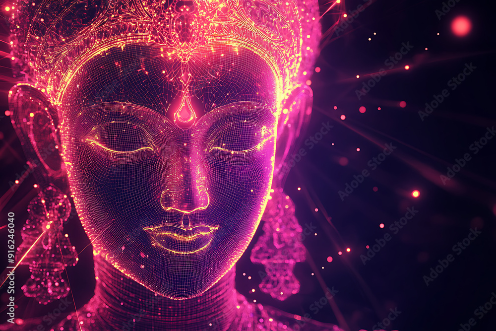 Poster a digital wireframe polygon illustration of maa durga, showcasing the goddess with intricate lines a