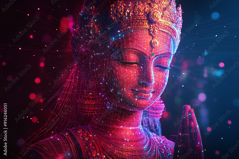 Poster a digital wireframe polygon illustration of maa durga, showcasing the goddess with intricate lines a