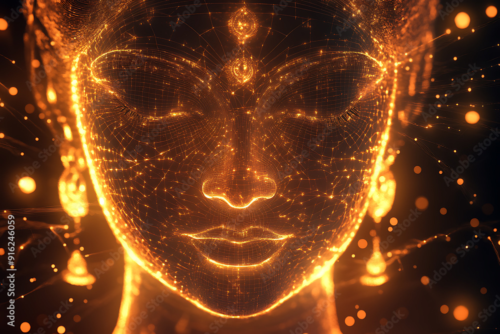 Poster a digital wireframe polygon illustration of maa durga, showcasing the goddess with intricate lines a