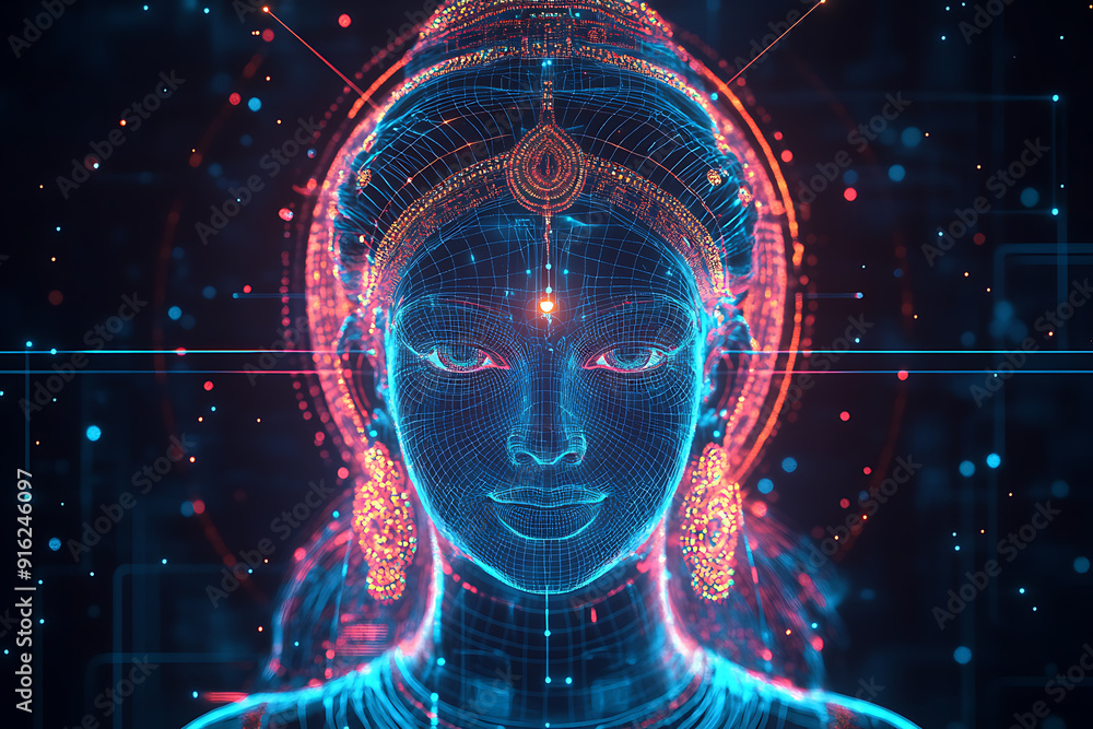 Poster a digital wireframe polygon illustration of maa durga, showcasing the goddess with intricate lines a