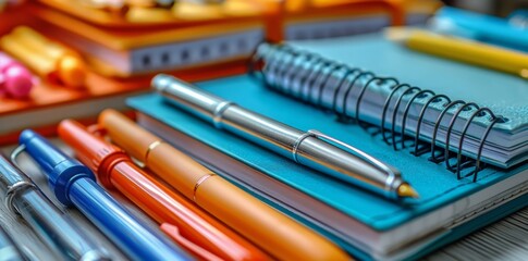 Fototapeta premium Array of modern stationery items including sleek fountain pen, stack of notebooks, and vibrant highlighters, arranged neatly on white background. Scene emphasizes symmetry and order with soft lighting