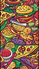 Naklejka premium A colorful arrangement of diverse fast food items, showcasing burgers, pizzas, and other snacks in an eye-catching design