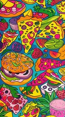 Naklejka premium A delightful mix of pizza, burgers, fruits, and desserts in bright, vivid colors displayed on a blue backdrop