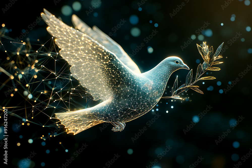 Poster a digital wireframe polygon illustration of a dove holding an olive branch, featuring intricate line