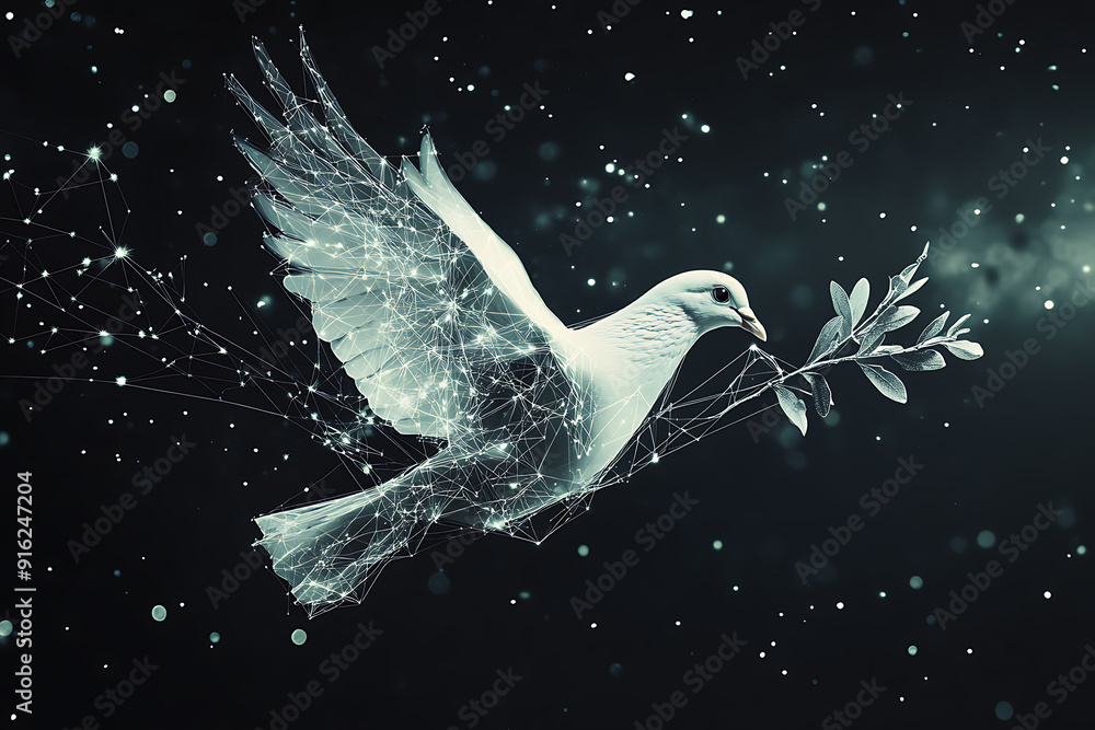 Poster a digital wireframe polygon illustration of a dove holding an olive branch, featuring intricate line