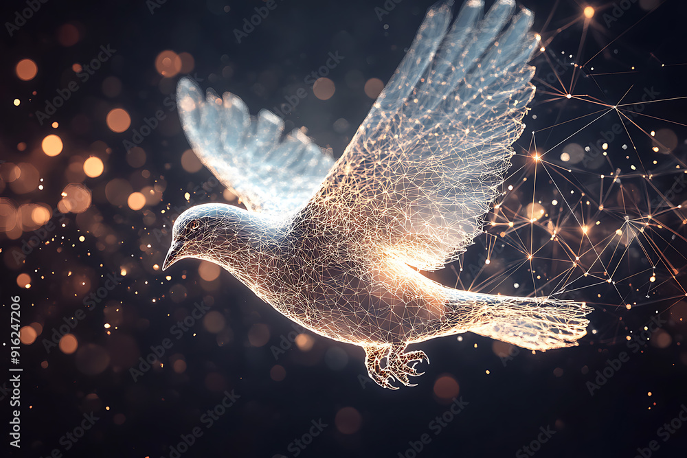 Poster a digital wireframe polygon illustration of a dove holding an olive branch, featuring intricate line