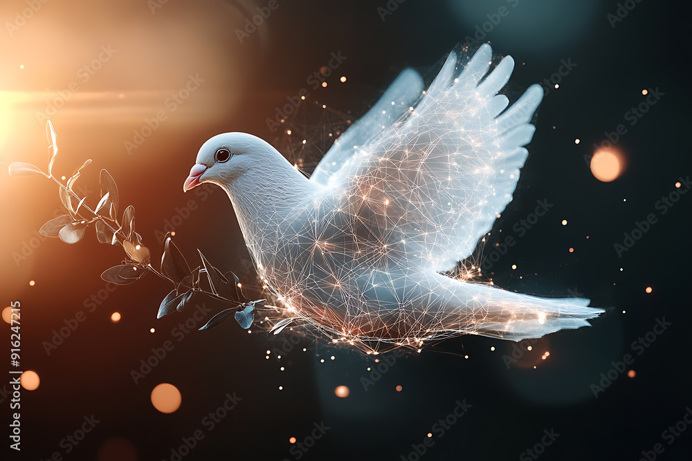 Poster a digital wireframe polygon illustration of a dove holding an olive branch, featuring intricate line