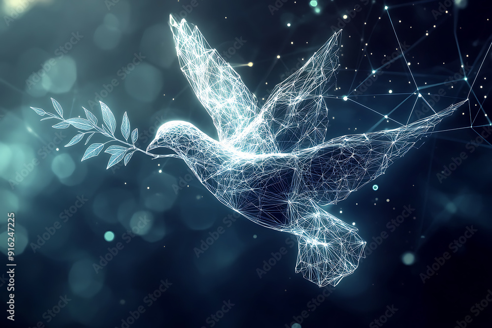 Poster a digital wireframe polygon illustration of a dove holding an olive branch, featuring intricate line