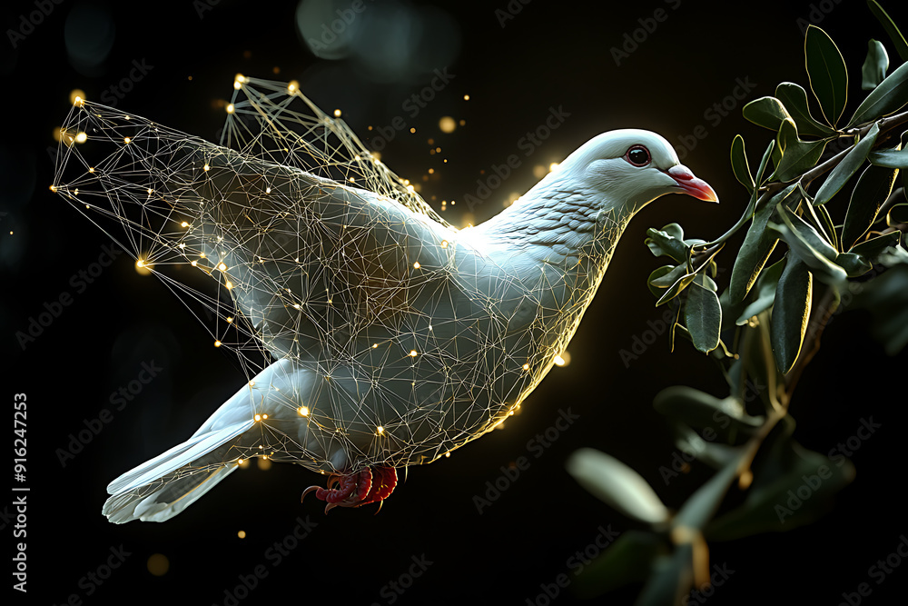 Poster a digital wireframe polygon illustration of a dove holding an olive branch, featuring intricate line