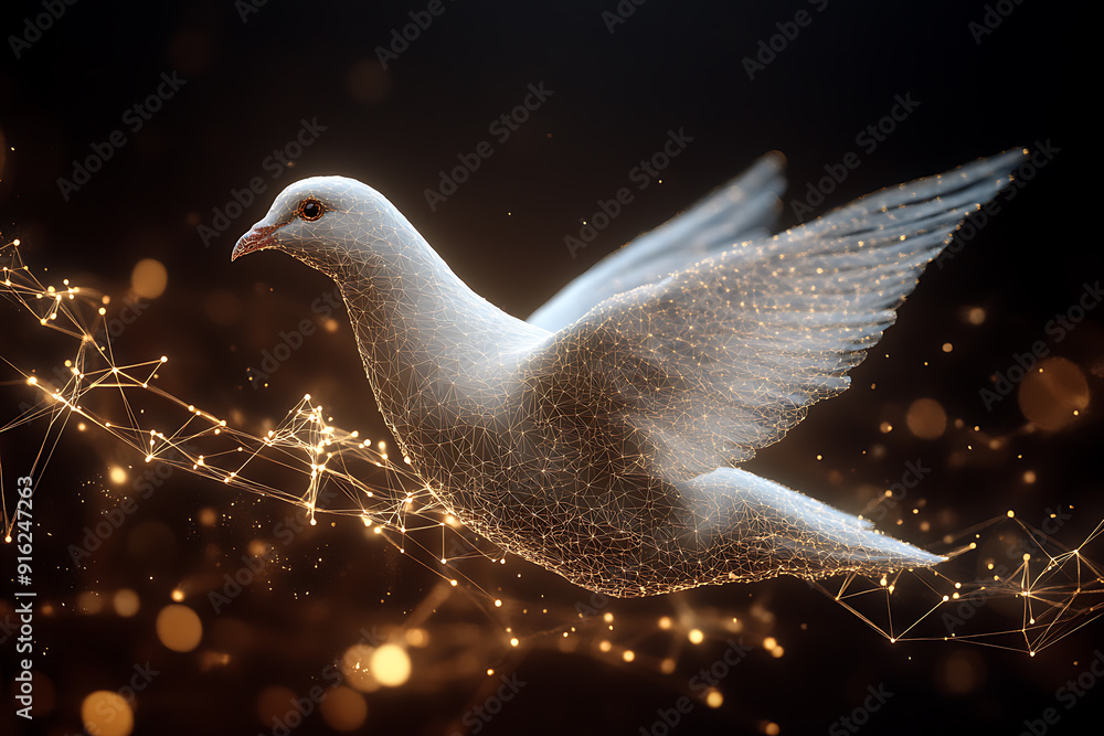 Poster a digital wireframe polygon illustration of a dove holding an olive branch, featuring intricate line