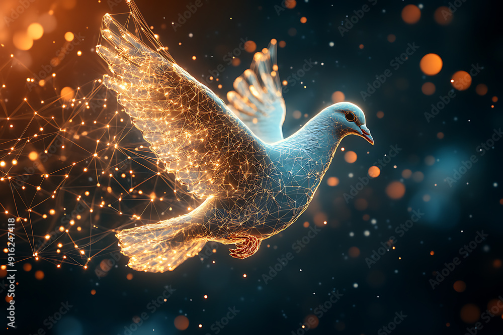 Poster a digital wireframe polygon illustration of a dove holding an olive branch, featuring intricate line