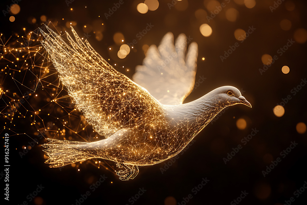 Poster a digital wireframe polygon illustration of a dove holding an olive branch, featuring intricate line