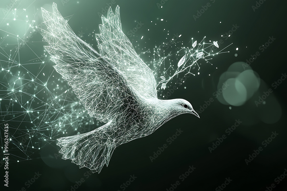 Poster a digital wireframe polygon illustration of a dove holding an olive branch, featuring intricate line