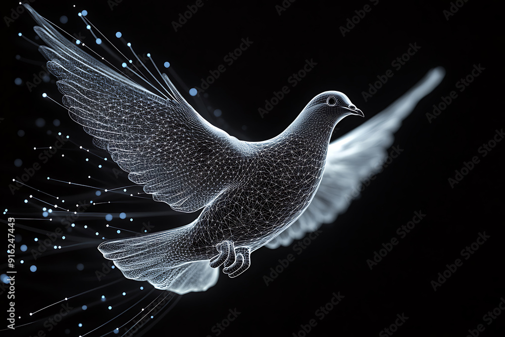 Poster a digital wireframe polygon illustration of a dove holding an olive branch, featuring intricate line