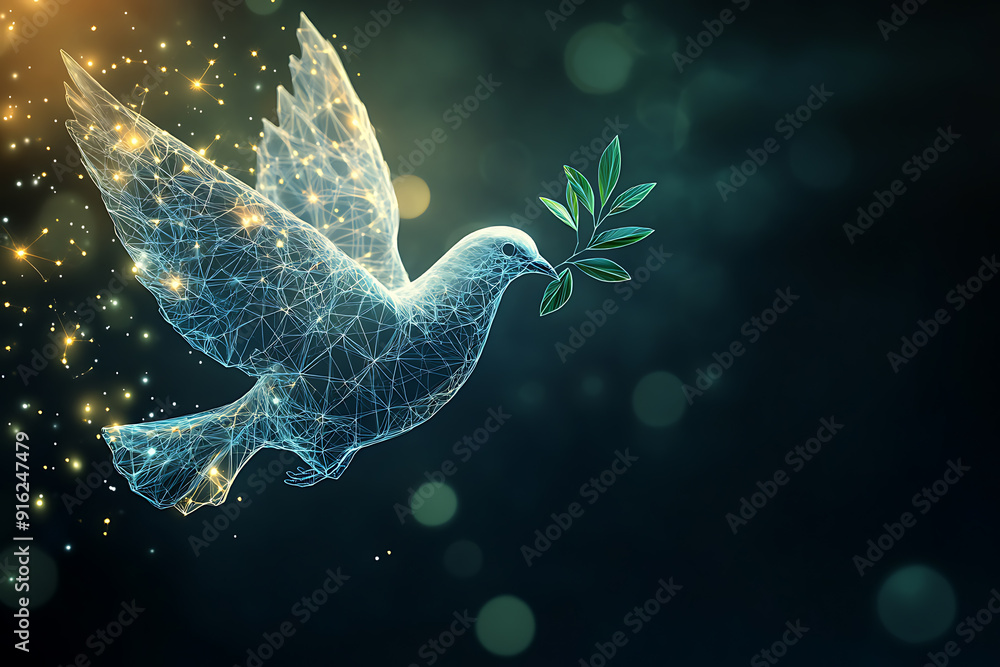 Poster a digital wireframe polygon illustration of a dove holding an olive branch, featuring intricate line