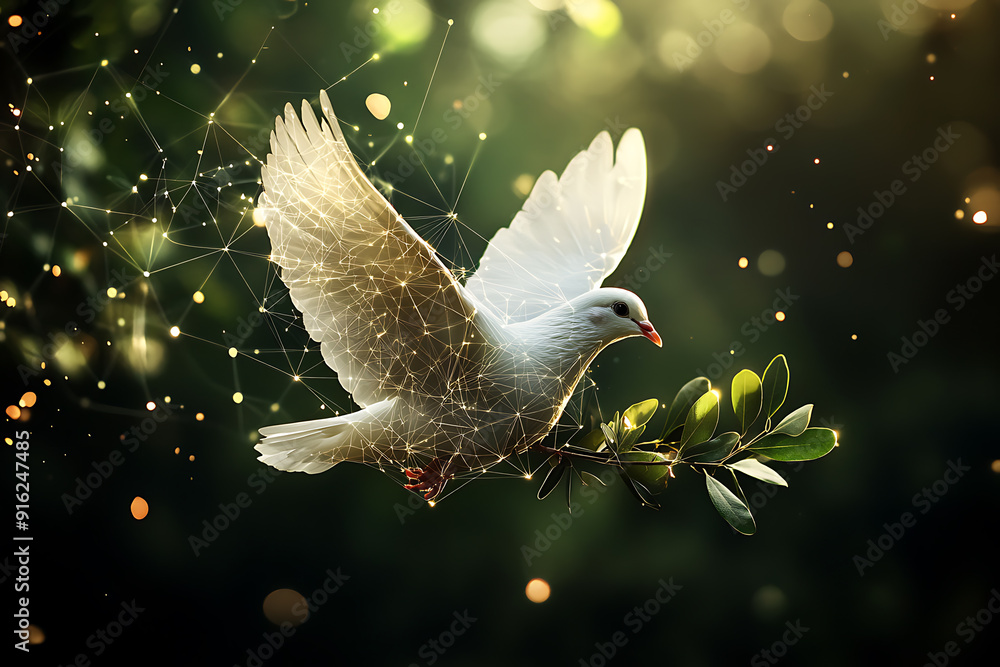 Poster a digital wireframe polygon illustration of a dove holding an olive branch, featuring intricate line