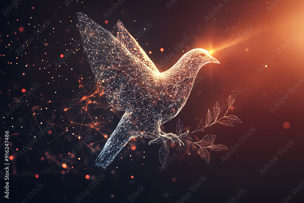 Poster a digital wireframe polygon illustration of a dove holding an olive branch, featuring intricate line