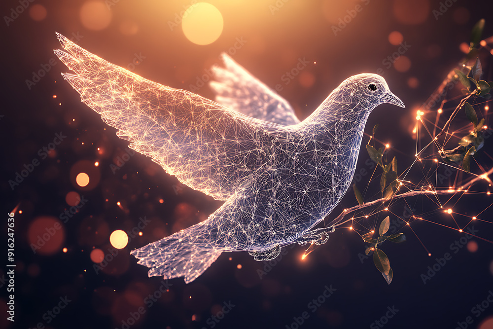 Poster a digital wireframe polygon illustration of a dove holding an olive branch, featuring intricate line