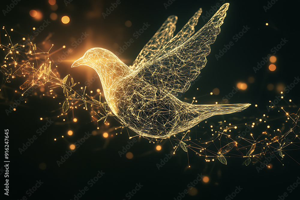 Poster a digital wireframe polygon illustration of a dove holding an olive branch, featuring intricate line