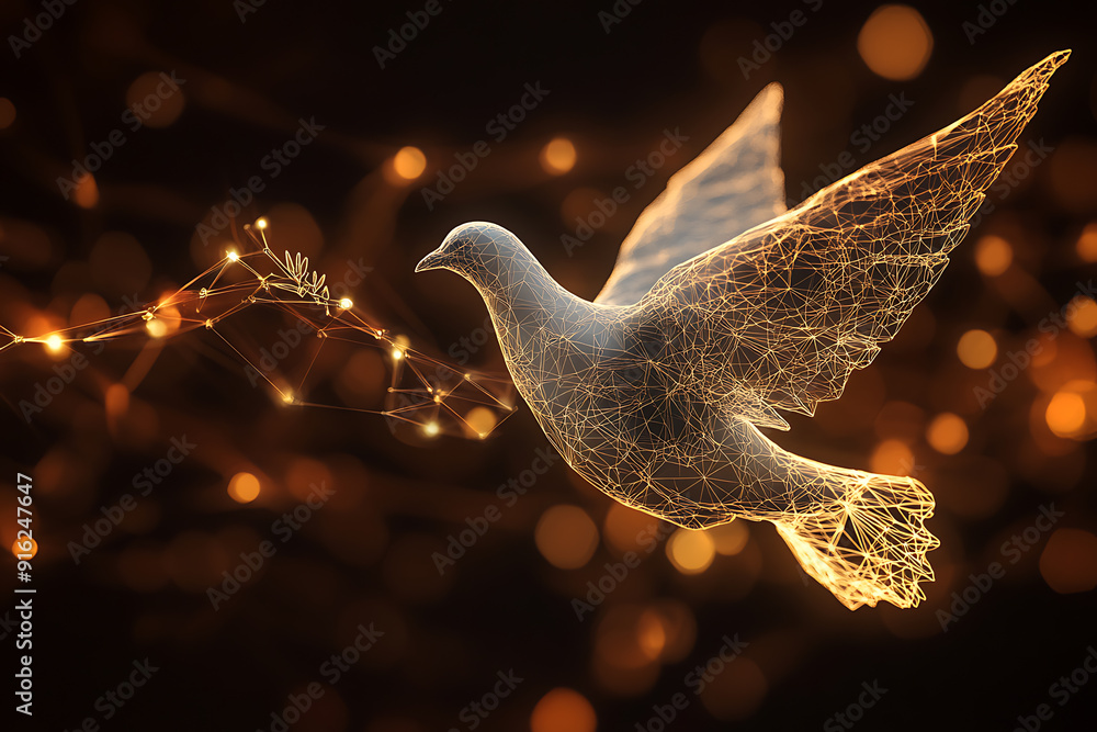 Poster a digital wireframe polygon illustration of a dove holding an olive branch, featuring intricate line