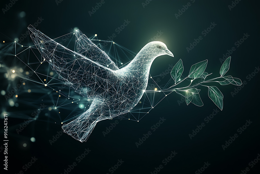 Poster a digital wireframe polygon illustration of a dove holding an olive branch, featuring intricate line