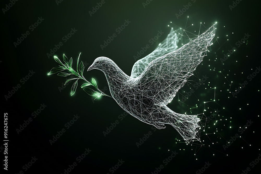 Poster a digital wireframe polygon illustration of a dove holding an olive branch, featuring intricate line