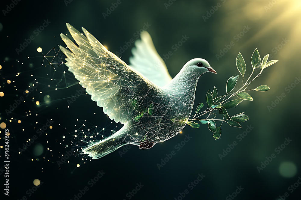 Poster a digital wireframe polygon illustration of a dove holding an olive branch, featuring intricate line